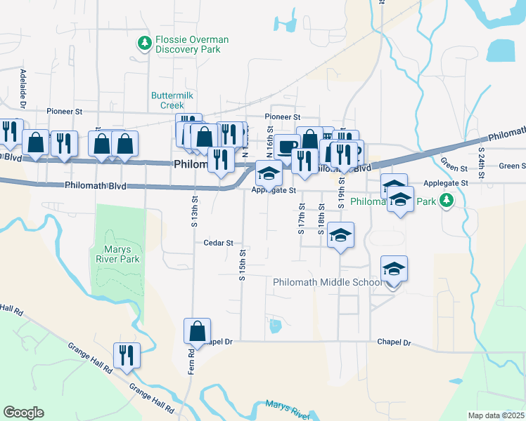 map of restaurants, bars, coffee shops, grocery stores, and more near 248 South 16th Street in Philomath