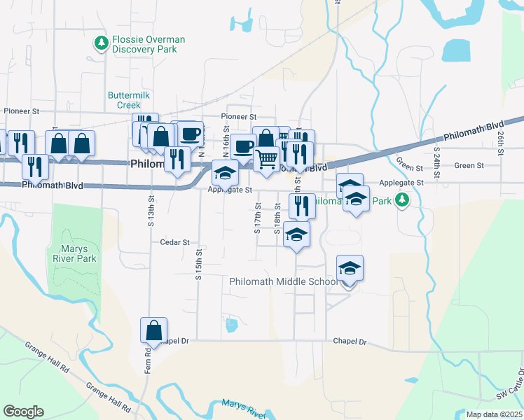 map of restaurants, bars, coffee shops, grocery stores, and more near 300 South 17th Street in Philomath