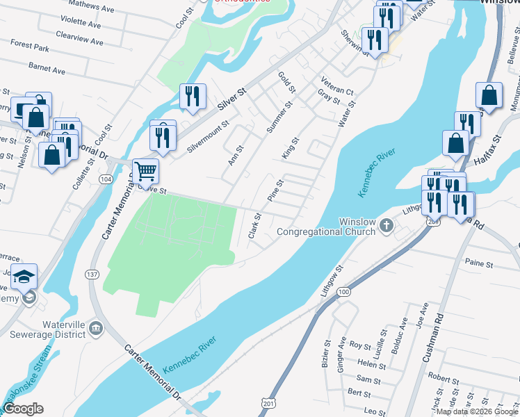 map of restaurants, bars, coffee shops, grocery stores, and more near 21 Grove Street in Waterville