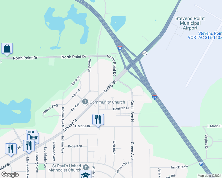 map of restaurants, bars, coffee shops, grocery stores, and more near 3707 Stanley Street in Stevens Point