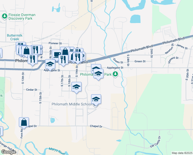map of restaurants, bars, coffee shops, grocery stores, and more near 2054 Applegate Street in Philomath