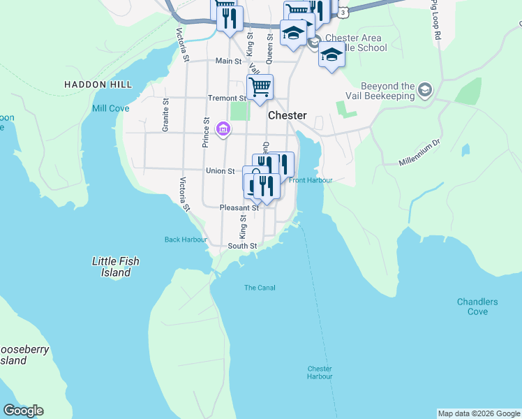 map of restaurants, bars, coffee shops, grocery stores, and more near 13 Pleasant Street in Chester