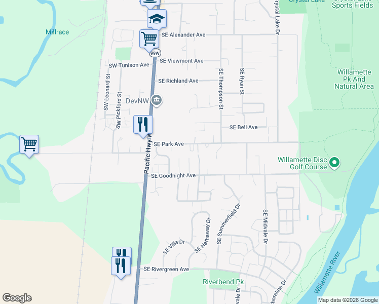 map of restaurants, bars, coffee shops, grocery stores, and more near 450 Southeast Park Avenue in Corvallis