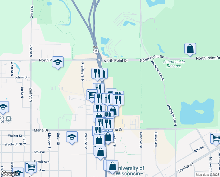 map of restaurants, bars, coffee shops, grocery stores, and more near 301 Division Street in Stevens Point