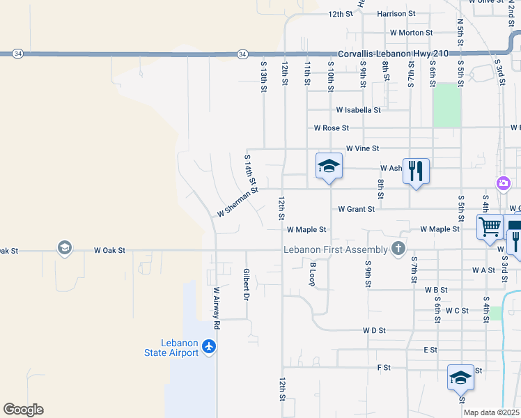 map of restaurants, bars, coffee shops, grocery stores, and more near 1180 West Grant Place in Lebanon
