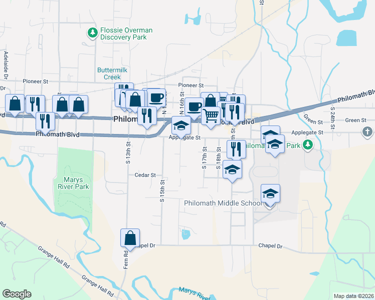 map of restaurants, bars, coffee shops, grocery stores, and more near 239 South 16th Street in Philomath