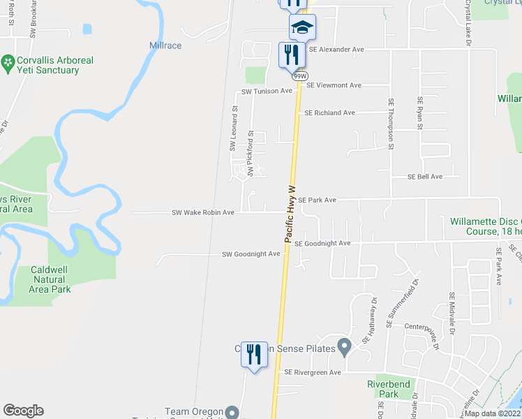 map of restaurants, bars, coffee shops, grocery stores, and more near 2788 Southwest Wake Robin Place in Corvallis