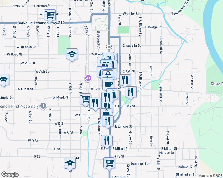map of restaurants, bars, coffee shops, grocery stores, and more near 822 South Main Street in Lebanon