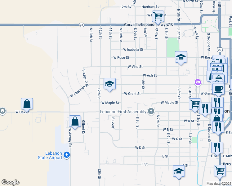 map of restaurants, bars, coffee shops, grocery stores, and more near 700 South 10th Street in Lebanon