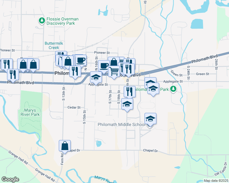 map of restaurants, bars, coffee shops, grocery stores, and more near 300 South 17th Street in Philomath