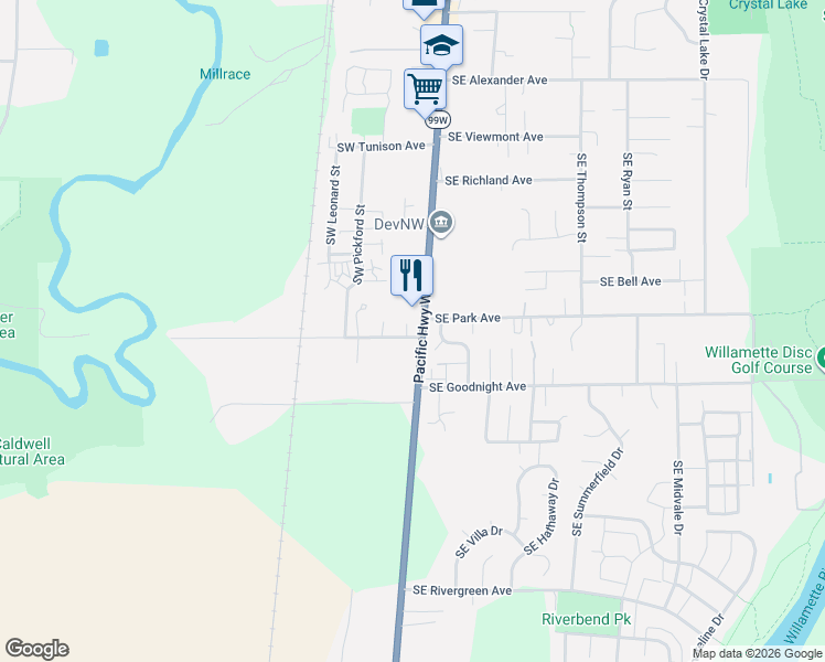 map of restaurants, bars, coffee shops, grocery stores, and more near 2880 Southwest 3rd Street in Corvallis