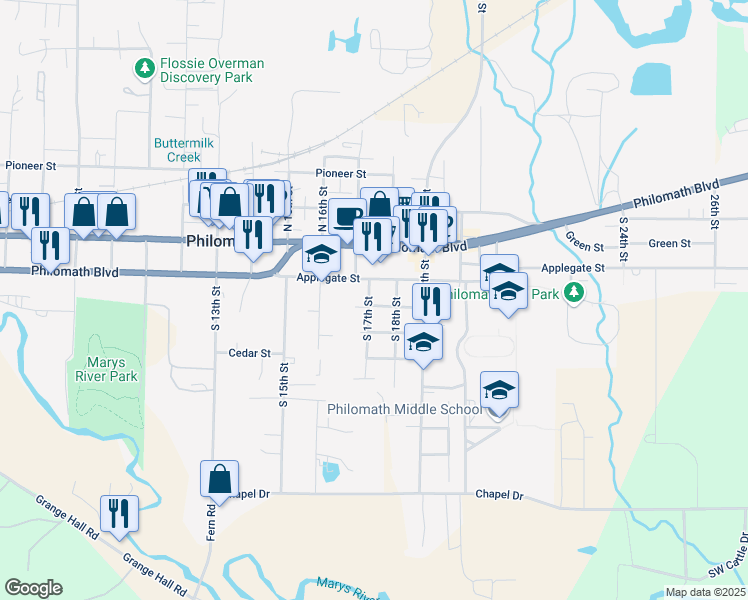 map of restaurants, bars, coffee shops, grocery stores, and more near 300 South 17th Street in Philomath