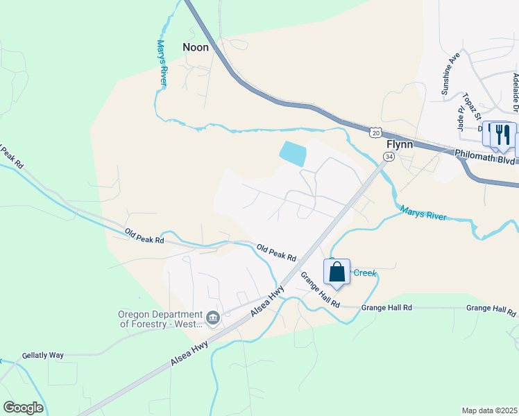 map of restaurants, bars, coffee shops, grocery stores, and more near 24584 Stovall Lane in Philomath