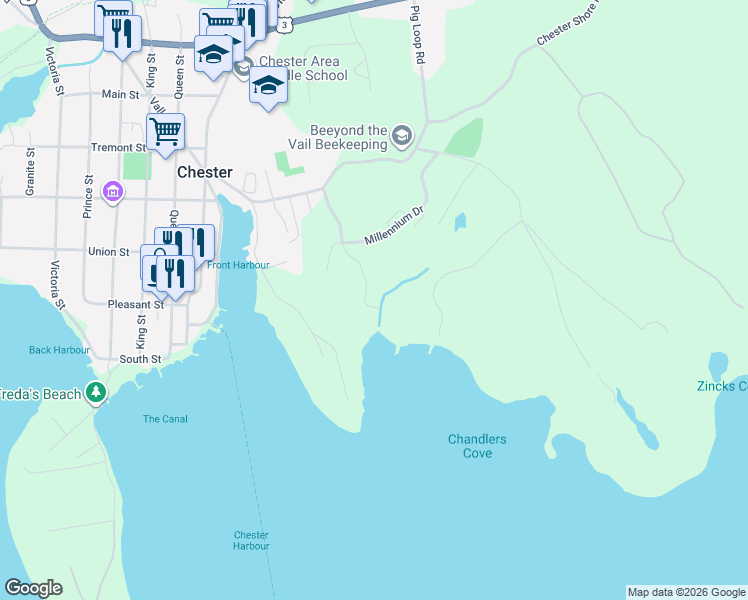 map of restaurants, bars, coffee shops, grocery stores, and more near 94 Chandler Road in Chester