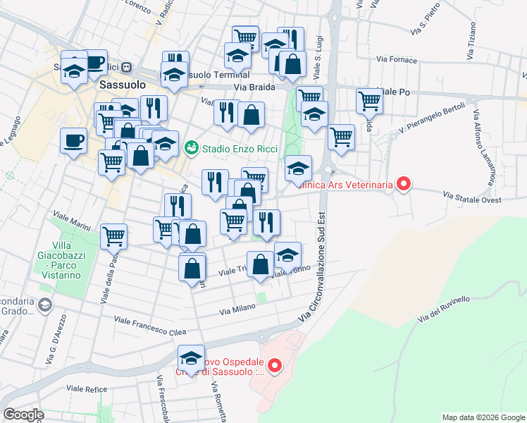 map of restaurants, bars, coffee shops, grocery stores, and more near 22 Viale Manfredo Fanti in Sassuolo