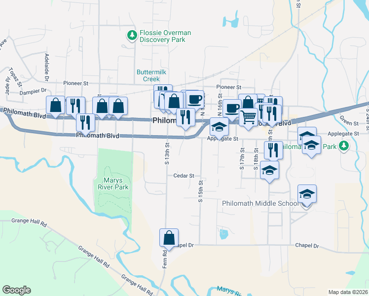 map of restaurants, bars, coffee shops, grocery stores, and more near 1400 Applegate Street in Philomath