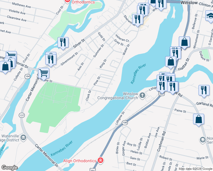 map of restaurants, bars, coffee shops, grocery stores, and more near 182 Water Street in Waterville