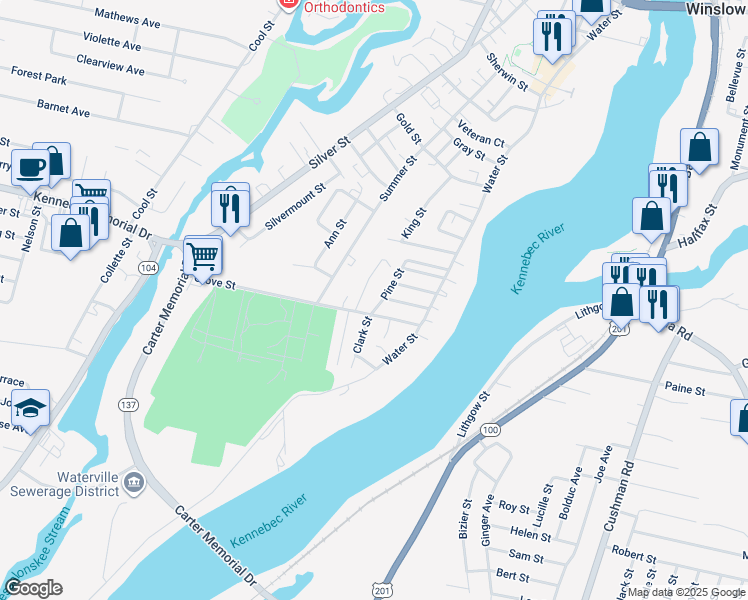 map of restaurants, bars, coffee shops, grocery stores, and more near 21 Grove Street in Waterville