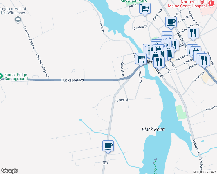 map of restaurants, bars, coffee shops, grocery stores, and more near 42 Bucksport Road in Ellsworth
