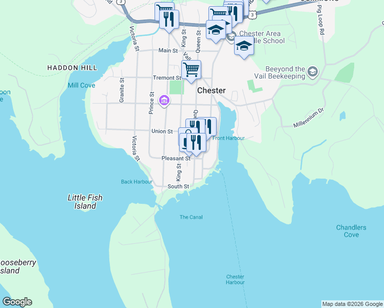 map of restaurants, bars, coffee shops, grocery stores, and more near 43 Queen Street in Chester