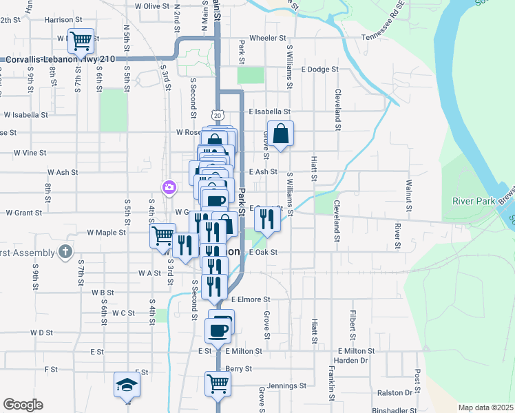 map of restaurants, bars, coffee shops, grocery stores, and more near 855 Grove Street in Lebanon