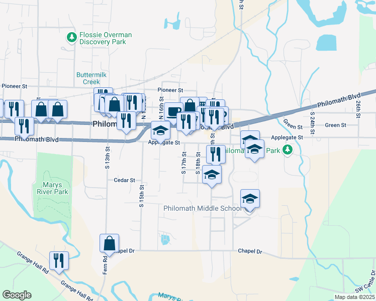 map of restaurants, bars, coffee shops, grocery stores, and more near 300 South 17th Street in Philomath