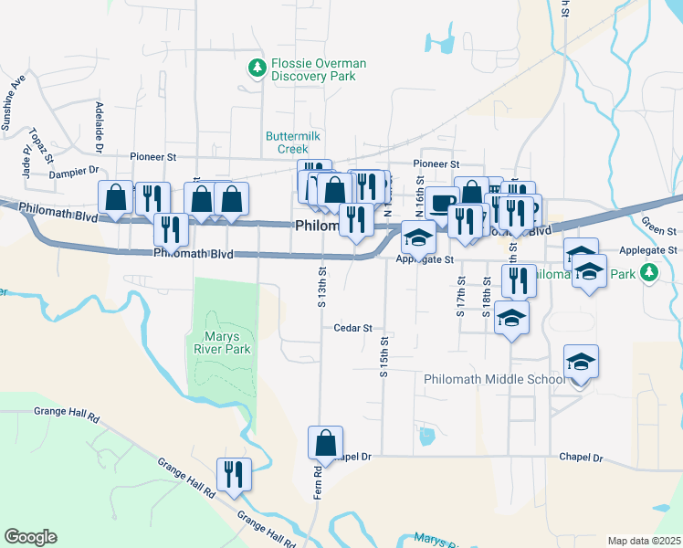 map of restaurants, bars, coffee shops, grocery stores, and more near 251 South 13th Street in Philomath