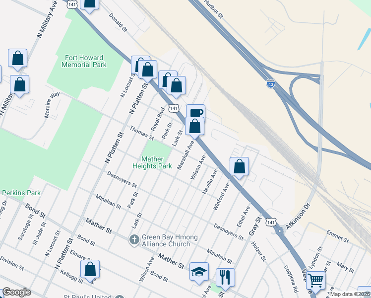 map of restaurants, bars, coffee shops, grocery stores, and more near 1235 Thomas Street in Green Bay