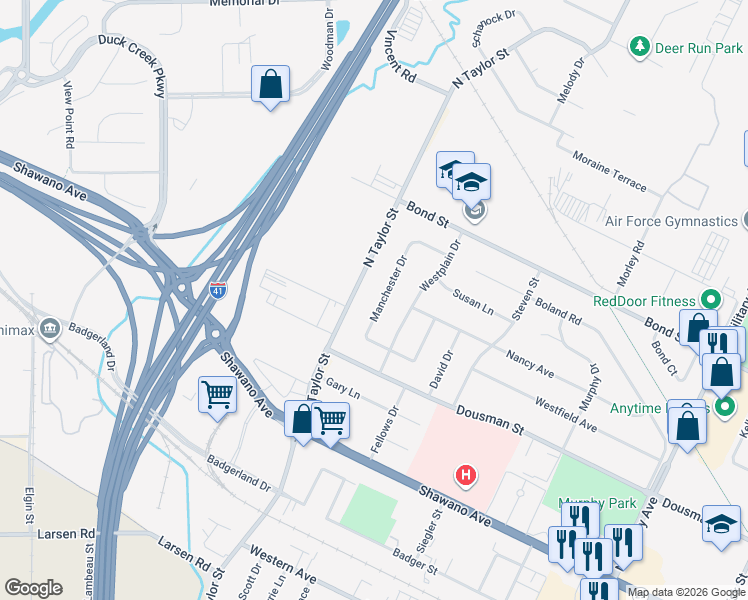 map of restaurants, bars, coffee shops, grocery stores, and more near 336 Manchester Drive in Green Bay