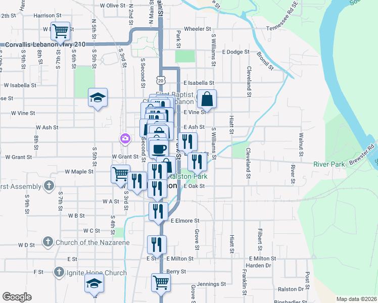 map of restaurants, bars, coffee shops, grocery stores, and more near 855 Grove Street in Lebanon