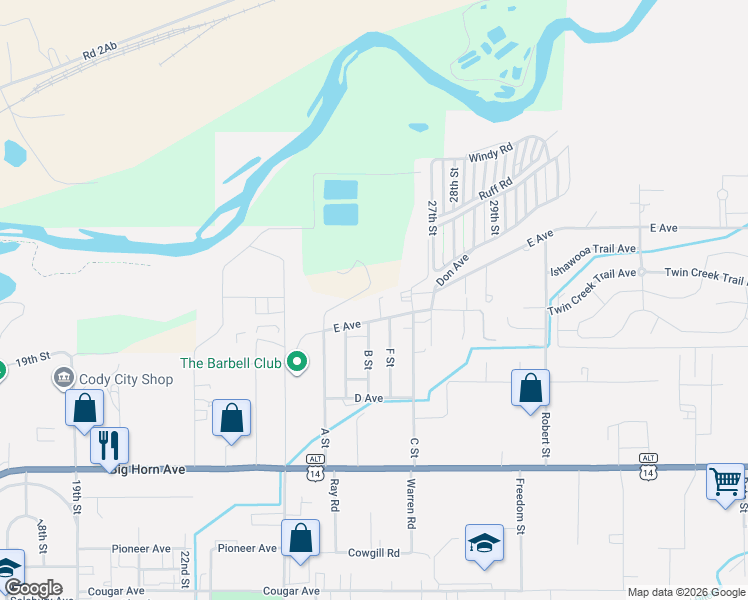 map of restaurants, bars, coffee shops, grocery stores, and more near 202 F Street in Cody