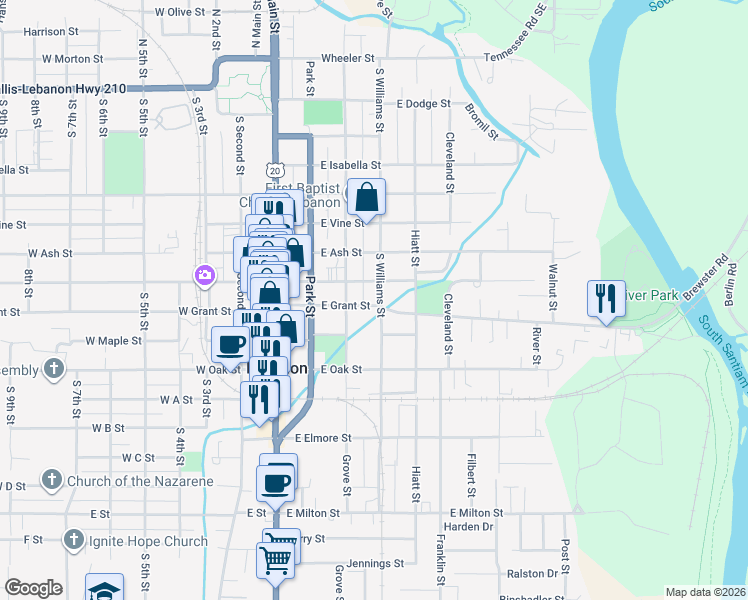 map of restaurants, bars, coffee shops, grocery stores, and more near 869 South Williams Street in Lebanon