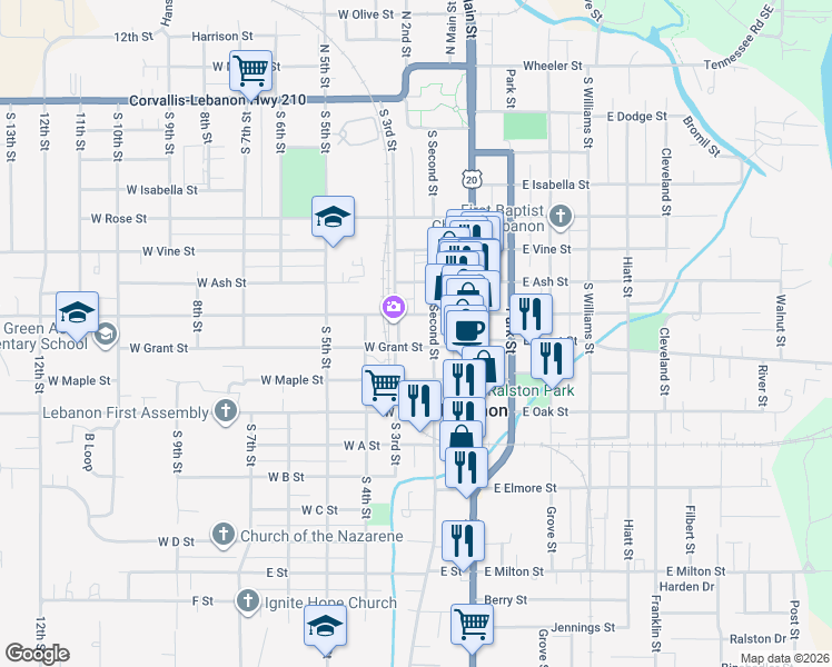map of restaurants, bars, coffee shops, grocery stores, and more near 200 South 9th Street in Lebanon