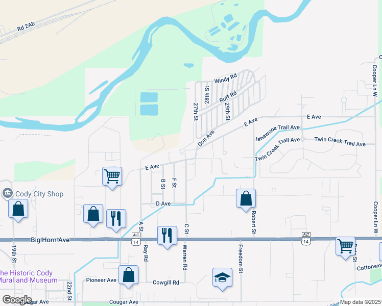 map of restaurants, bars, coffee shops, grocery stores, and more near 202 C Street in Cody