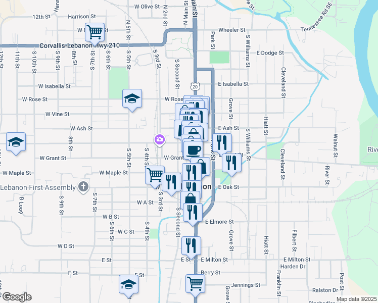 map of restaurants, bars, coffee shops, grocery stores, and more near 822 South Main Street in Lebanon