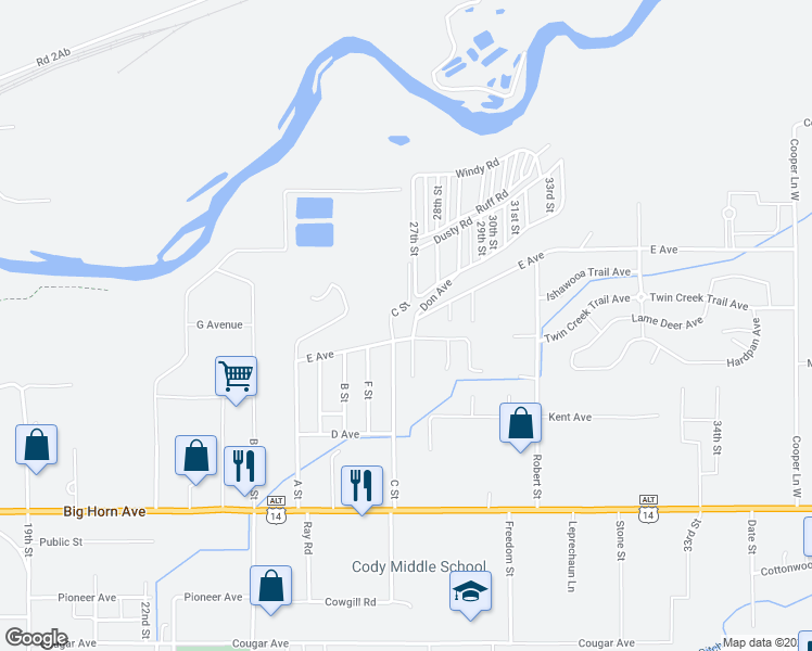 map of restaurants, bars, coffee shops, grocery stores, and more near 2805 E Avenue in Cody