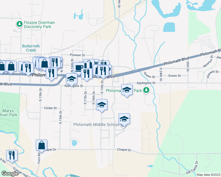 map of restaurants, bars, coffee shops, grocery stores, and more near 2054 Applegate Street in Philomath