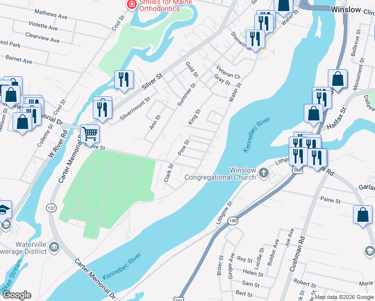 map of restaurants, bars, coffee shops, grocery stores, and more near 10 Grove Street in Waterville