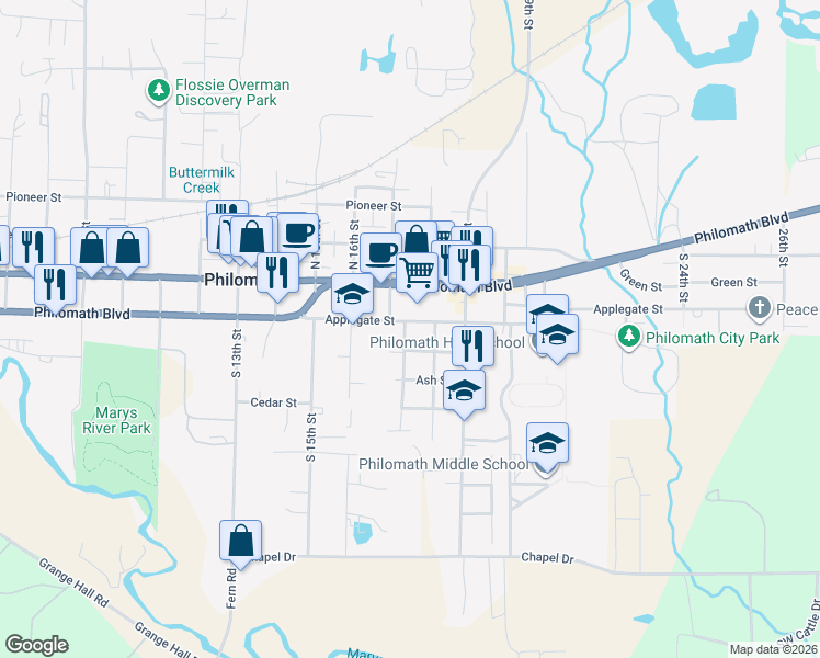 map of restaurants, bars, coffee shops, grocery stores, and more near 300 South 17th Street in Philomath