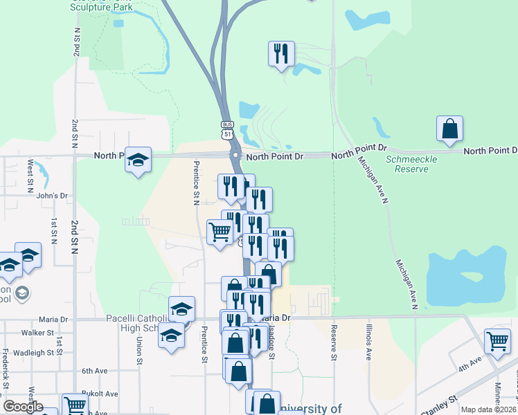map of restaurants, bars, coffee shops, grocery stores, and more near 317 Division Street in Stevens Point