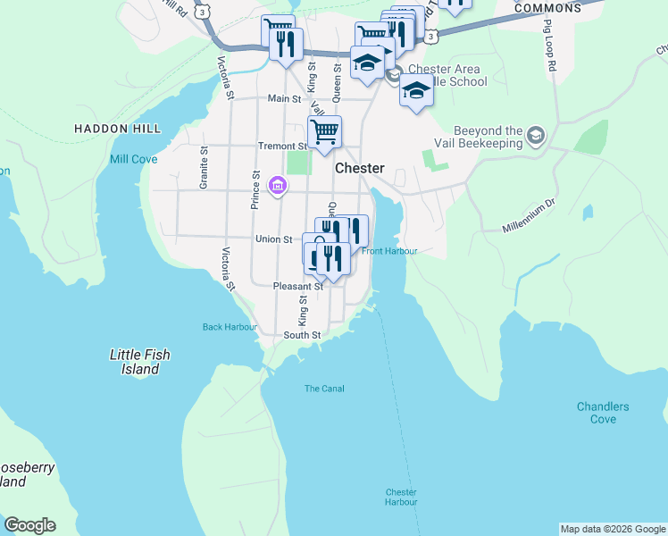 map of restaurants, bars, coffee shops, grocery stores, and more near 65 Queen Street in Chester