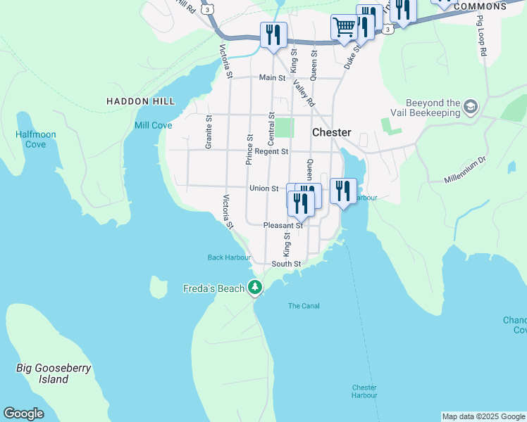 map of restaurants, bars, coffee shops, grocery stores, and more near 71 Central Street in Chester
