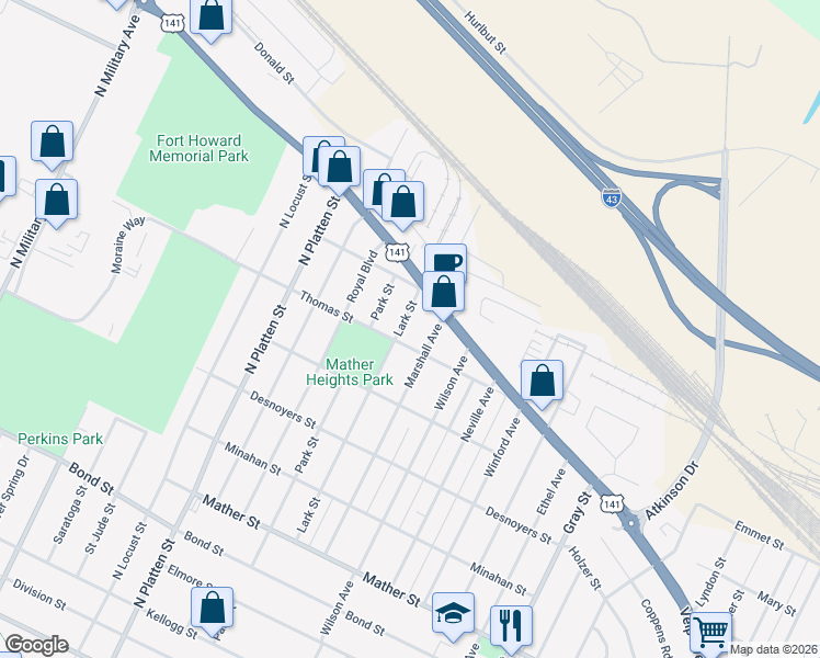 map of restaurants, bars, coffee shops, grocery stores, and more near 1255 Velp Avenue in Green Bay