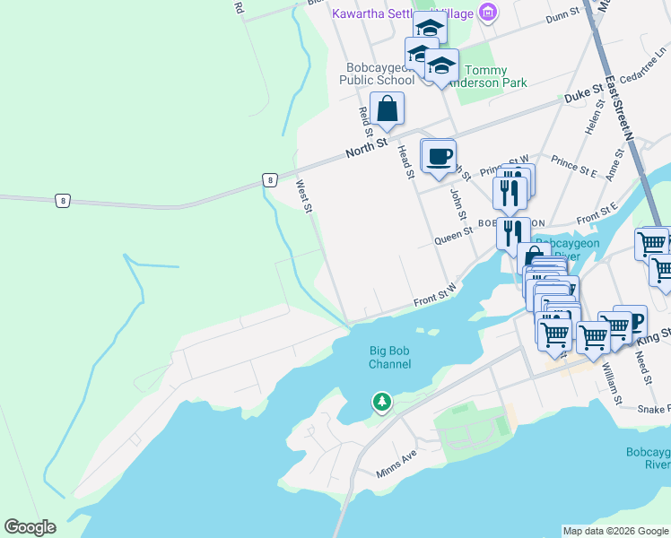 map of restaurants, bars, coffee shops, grocery stores, and more near 43 West Street in Kawartha Lakes