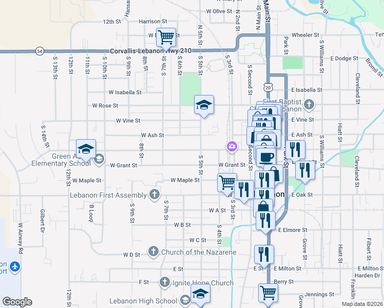 map of restaurants, bars, coffee shops, grocery stores, and more near 672 South 5th Street in Lebanon