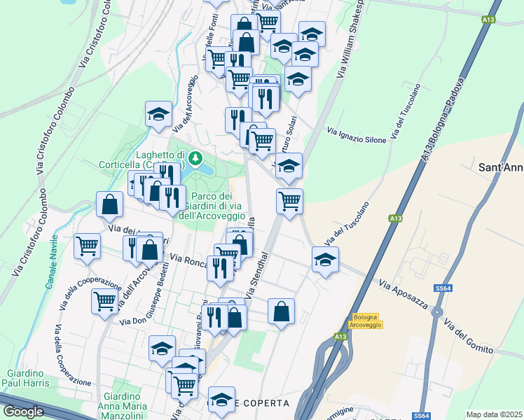 map of restaurants, bars, coffee shops, grocery stores, and more near in Bologna