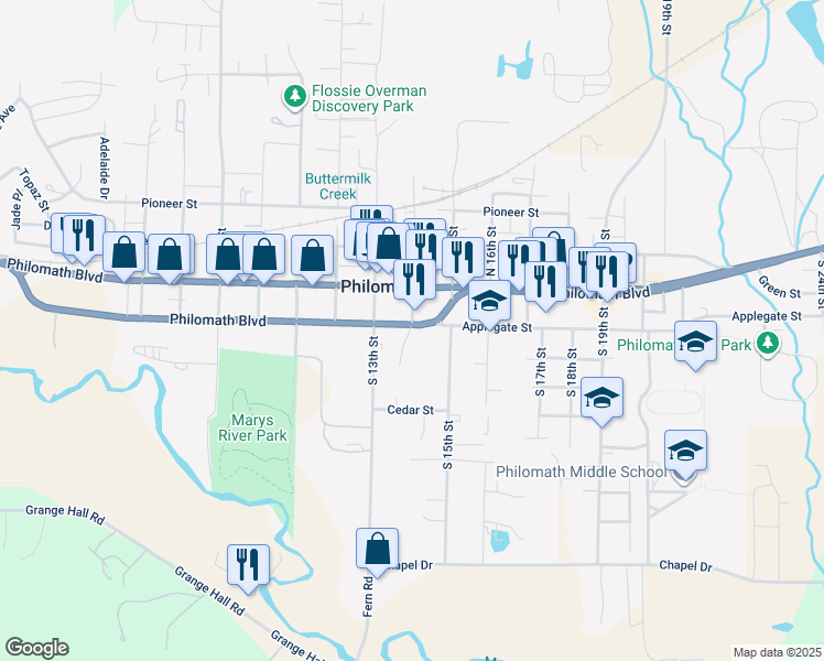 map of restaurants, bars, coffee shops, grocery stores, and more near 125 South 14th Street in Philomath
