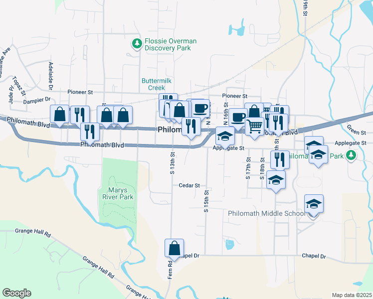 map of restaurants, bars, coffee shops, grocery stores, and more near 125 South 14th Street in Philomath