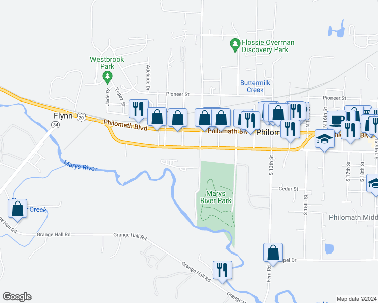 map of restaurants, bars, coffee shops, grocery stores, and more near 211 South 9th Street in Philomath