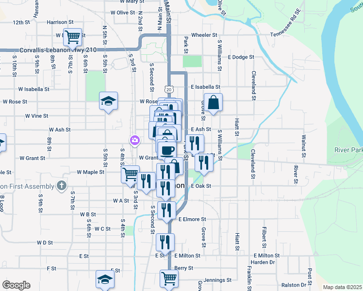 map of restaurants, bars, coffee shops, grocery stores, and more near 643 Park Street in Lebanon